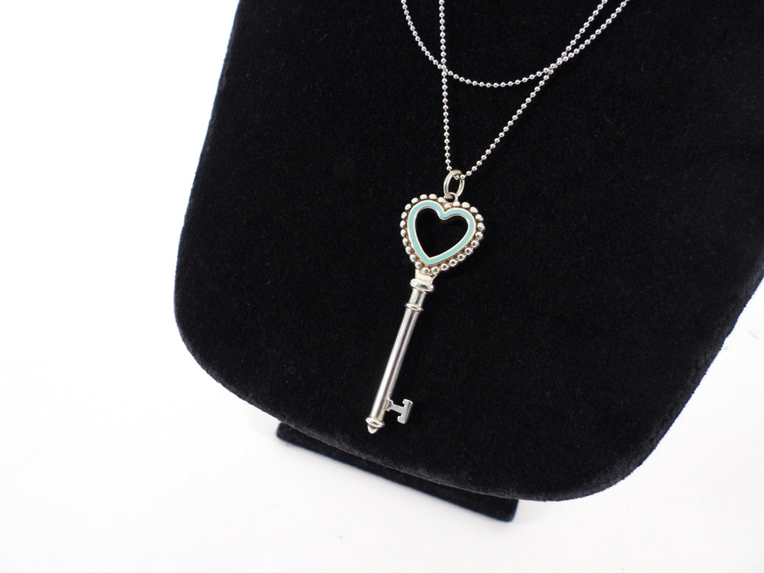 Tiffany & Co.  Sterling Silver Key with Blue Enamel Heart Long Necklace