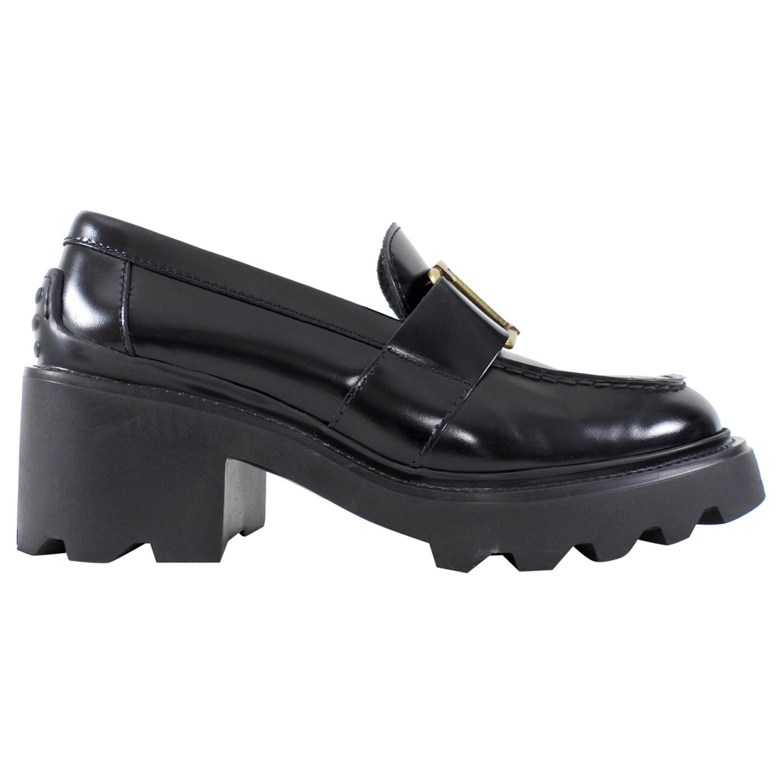 Tod's Black Leather T-Plaque Block Heel Slip on Loafers - 35.5