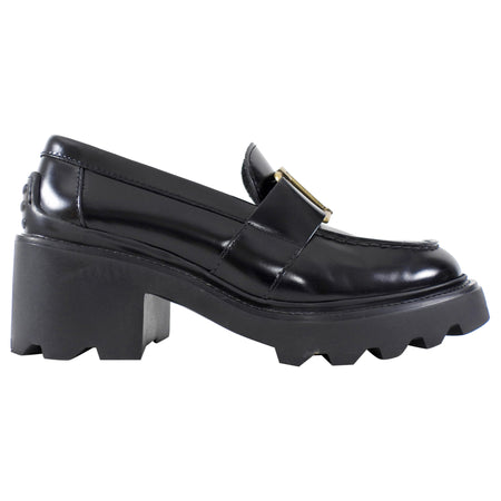 Tod's Black Leather T-Plaque Block Heel Slip on Loafers - 35.5