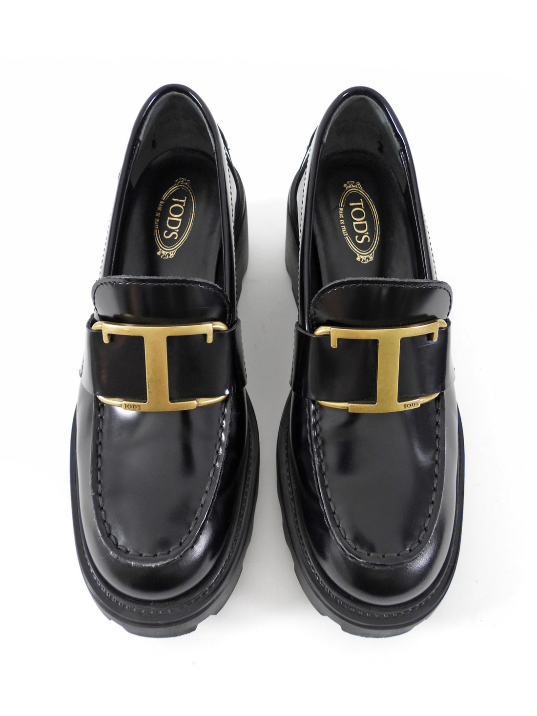 Tod's Black Leather T-Plaque Block Heel Slip on Loafers - 35.5
