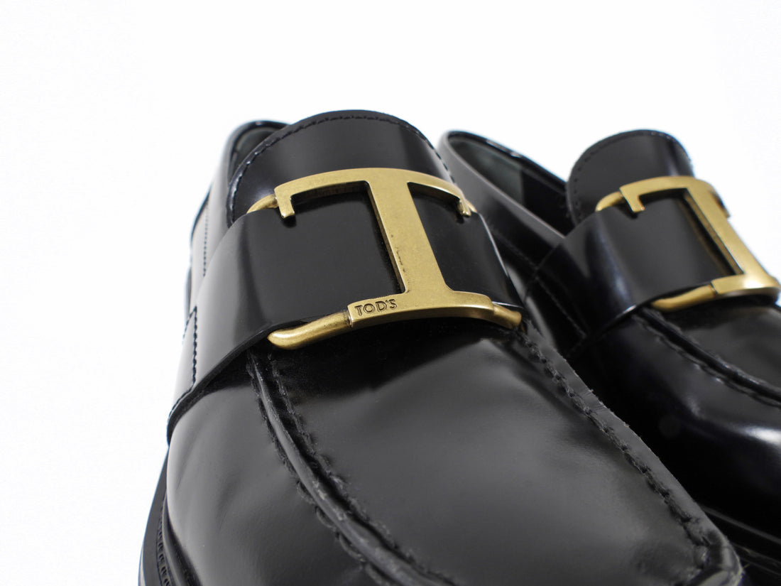 Tod's Black Leather T-Plaque Block Heel Slip on Loafers - 35.5