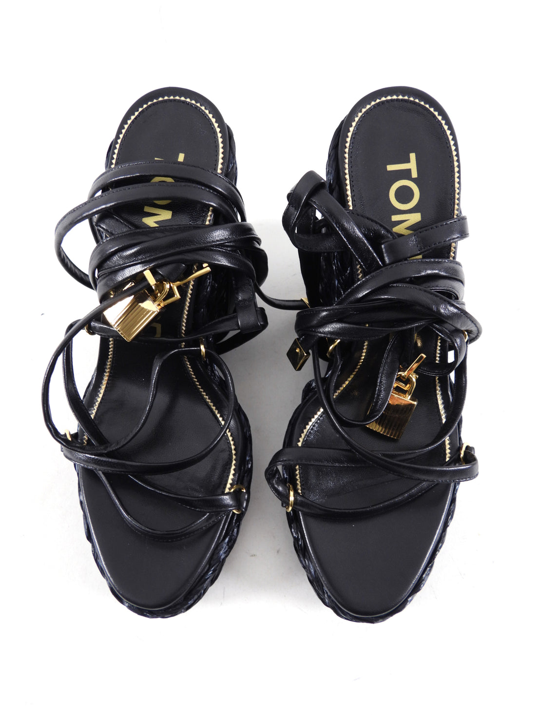 Tom Ford Black 115mm Raffia Wedge Wrap Lock Sandals - 39.5