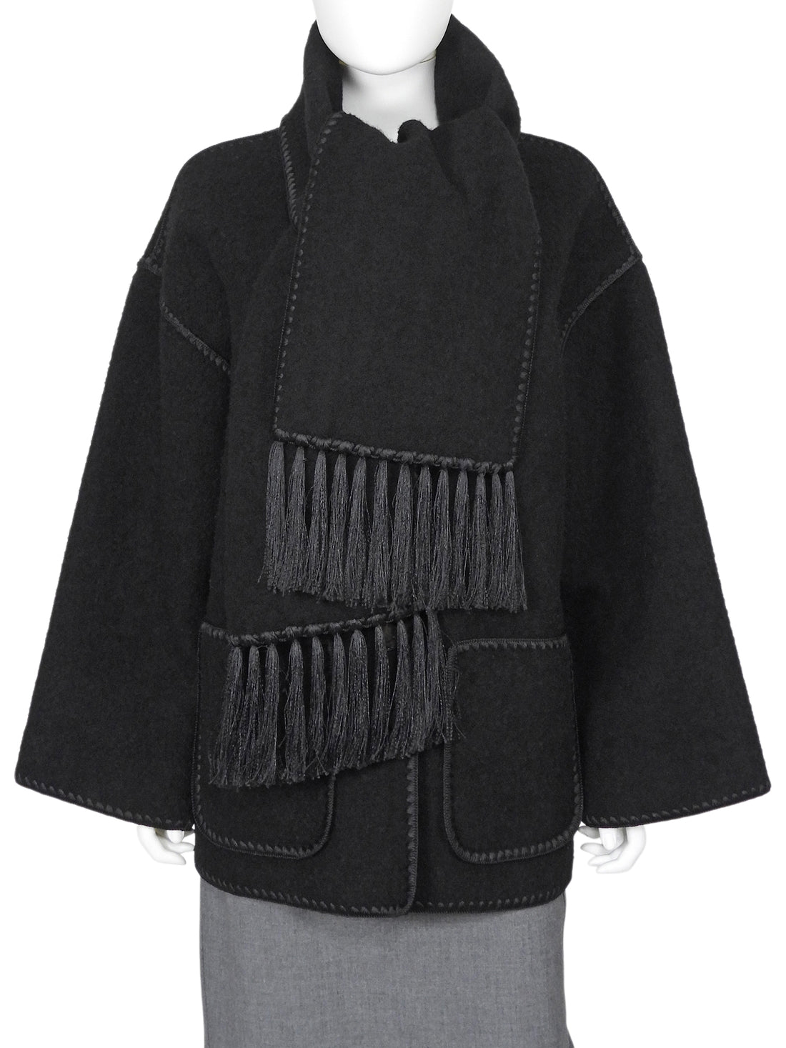 Toteme Black Boiled Wool Embroidered Edge Scarf Jacket - 34