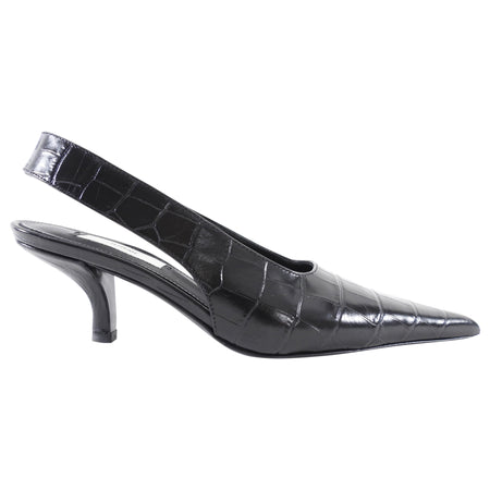 Toteme Black Croc Embossed Pointed Slingback Mules - 37