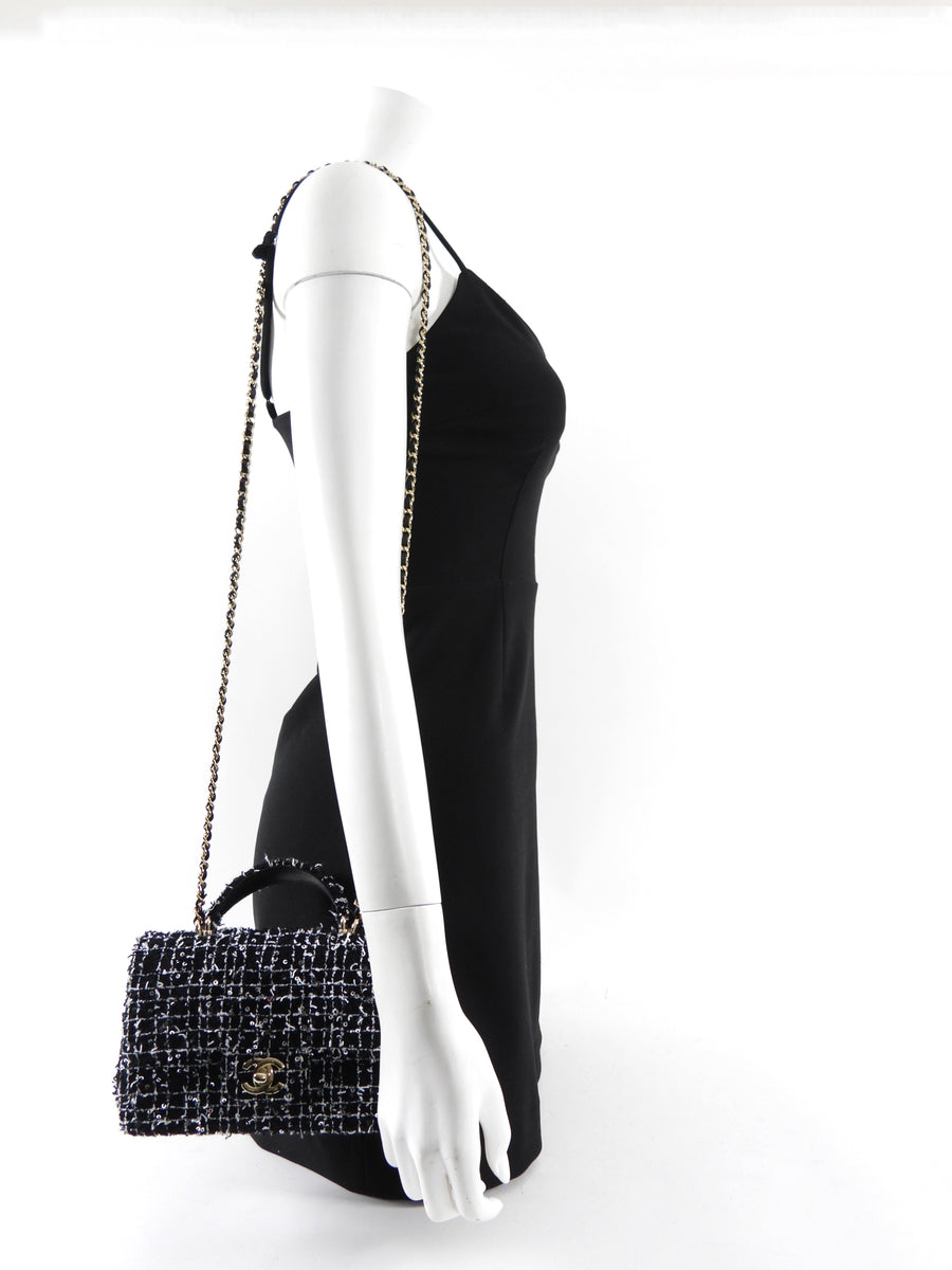 Chanel 24P Black and White Fantasy Tweed Mini Top Handle Chain Bag