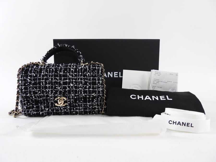 Chanel 24P Black and White Fantasy Tweed Mini Top Handle Chain Bag
