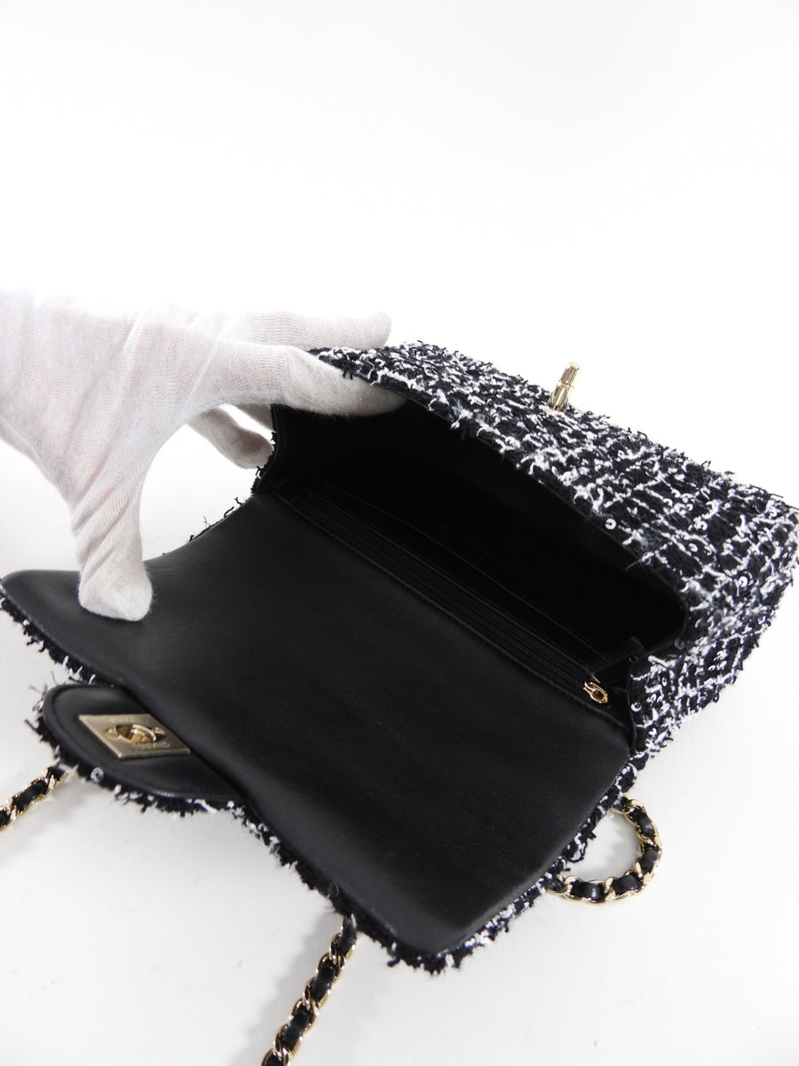 Chanel 24P Black and White Fantasy Tweed Mini Top Handle Chain Bag