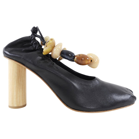 Ulla Johnson Black Leather Wood Heel Pumps with Resin Beads - 40