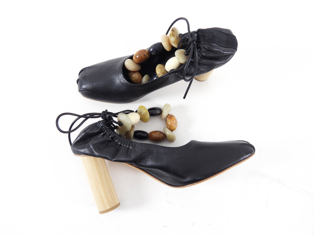 Ulla Johnson Black Leather Wood Heel Pumps with Resin Beads - 40