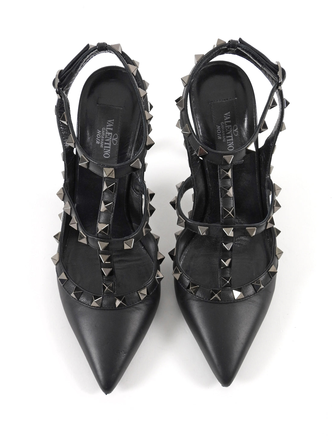 Valentino Black Leather Rockstud Ankle Strap Cage Pointed Pumps - 37