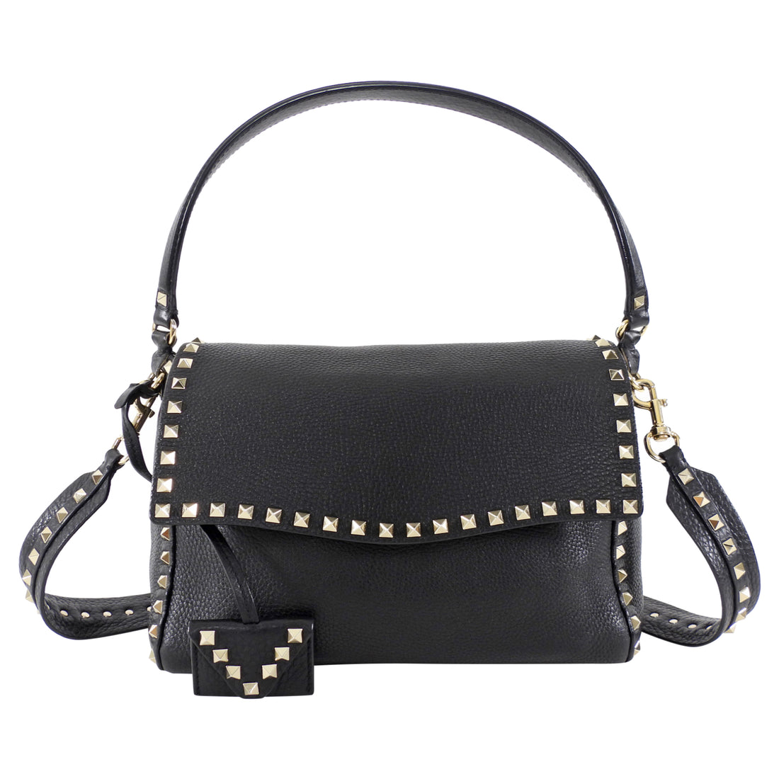 Valentino Garavani Black Grained Leather Rockstud Two Way Flap Bag