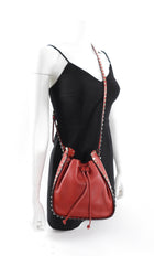 Valentino Red Leather Rockstud Drawstring Crossbody Bag I MISS