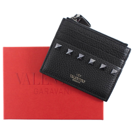 Valentino Black Grained Leather Rockstud Zip Cardholder