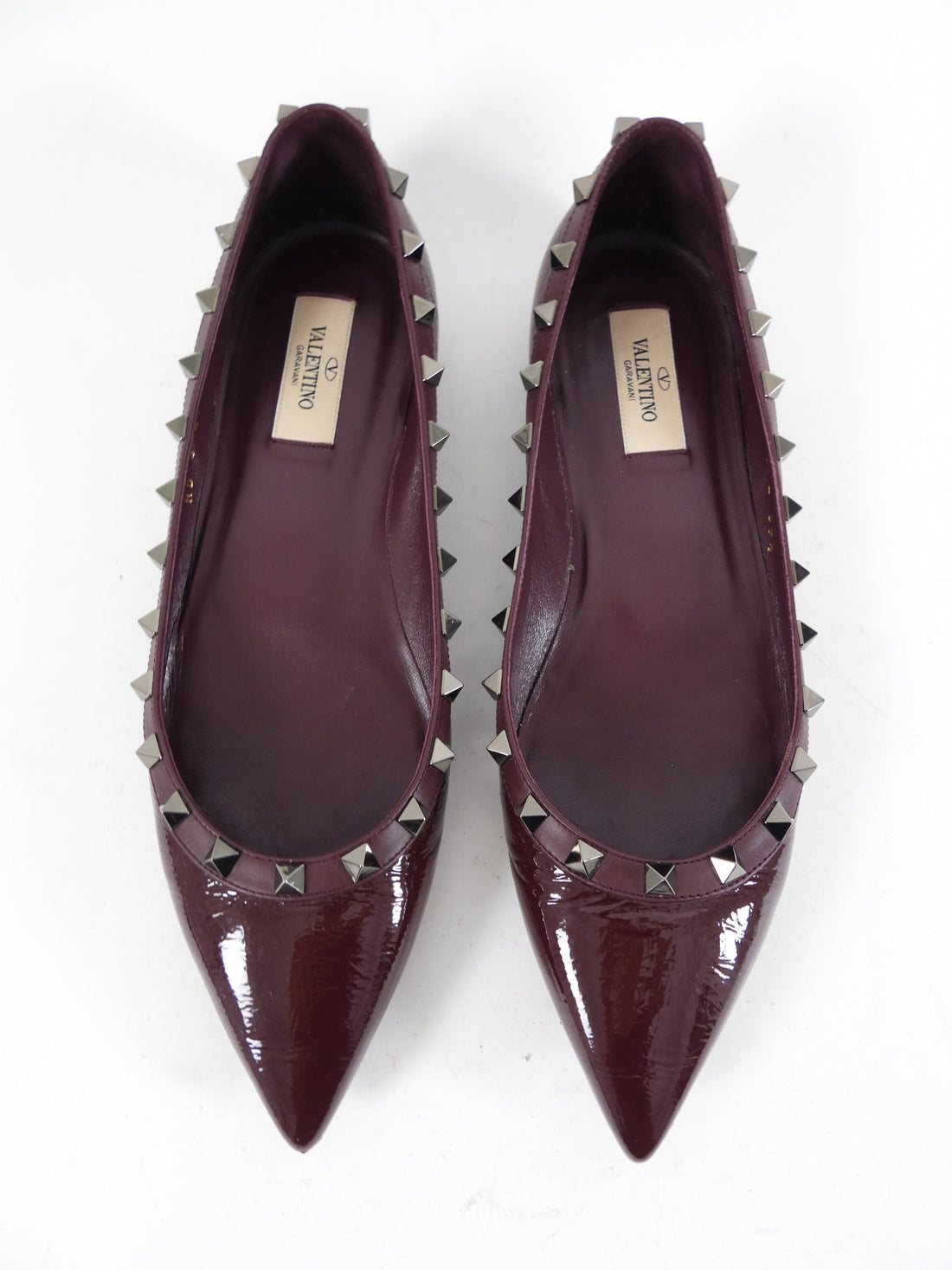 Valentino Garavani Burgundy Patent Leather Rockstud Pointed Flats - 39.5