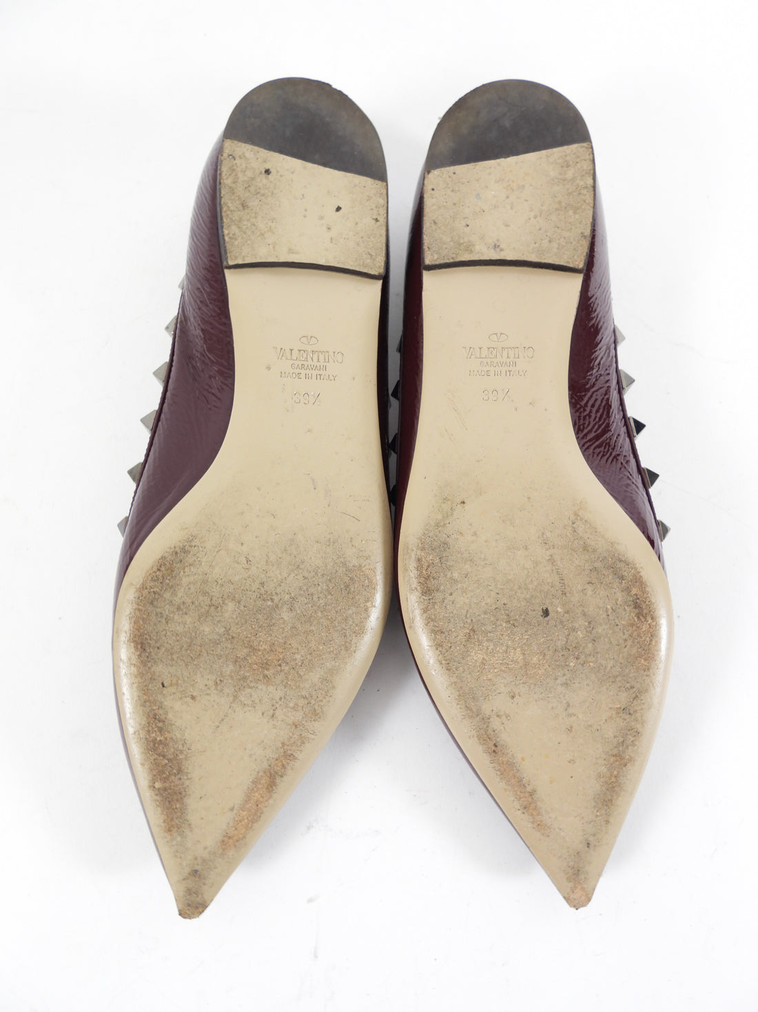 Valentino Garavani Burgundy Patent Leather Rockstud Pointed Flats - 39.5
