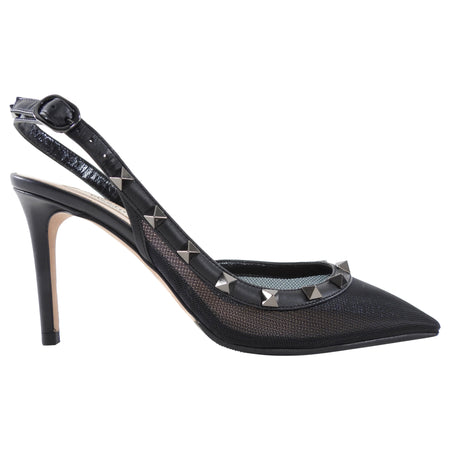 Valentino Black Mesh and Leather Rockstud Slingback Heels - 35
