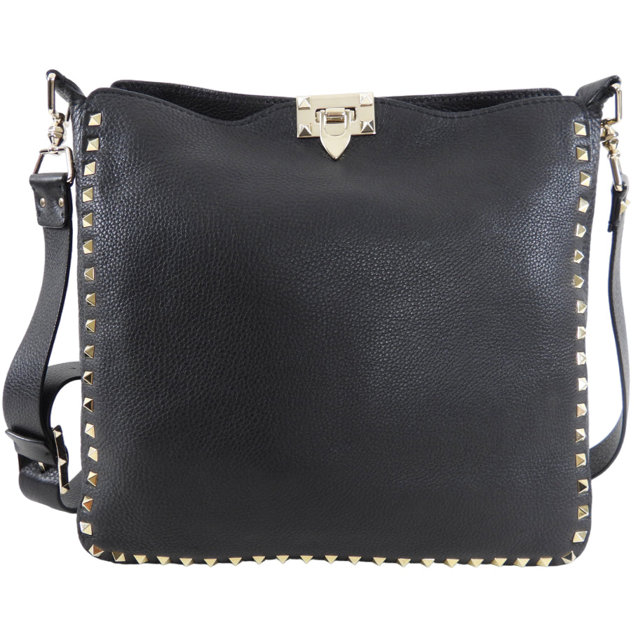 Valentino Garavani Black Grained Leather Rockstud Flip Lock Crossbody Messenger Bag