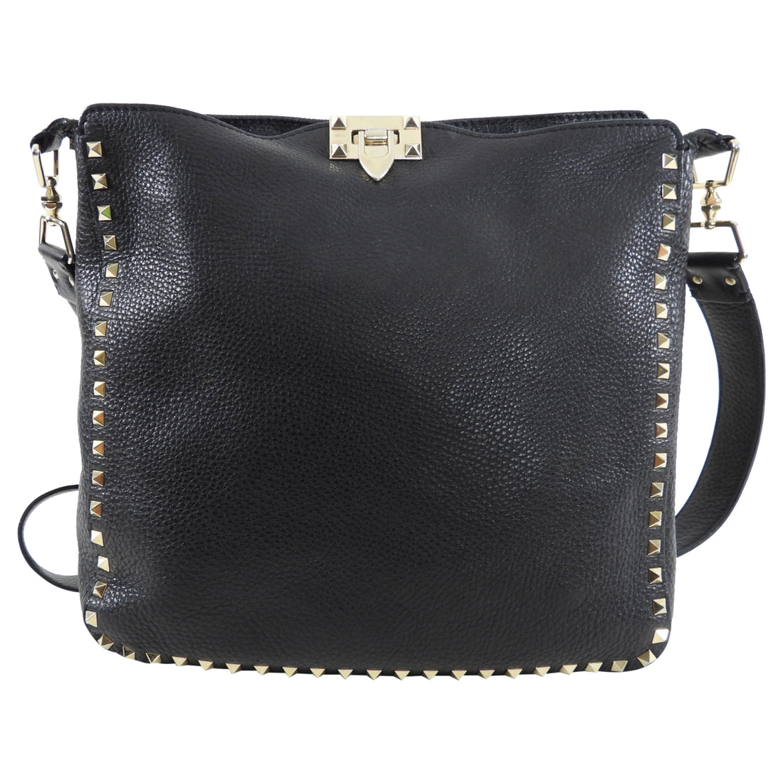 Valentino Garavani Black Grained Leather Rockstud Flip Lock Crossbody Messenger Bag