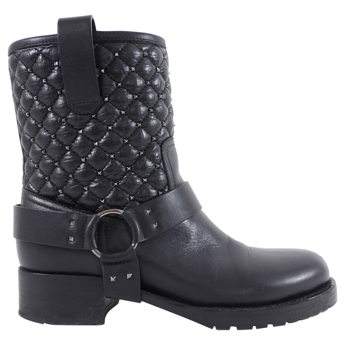 Valentino Black Leather Quilted Stud Moto Ring Boots - 36
