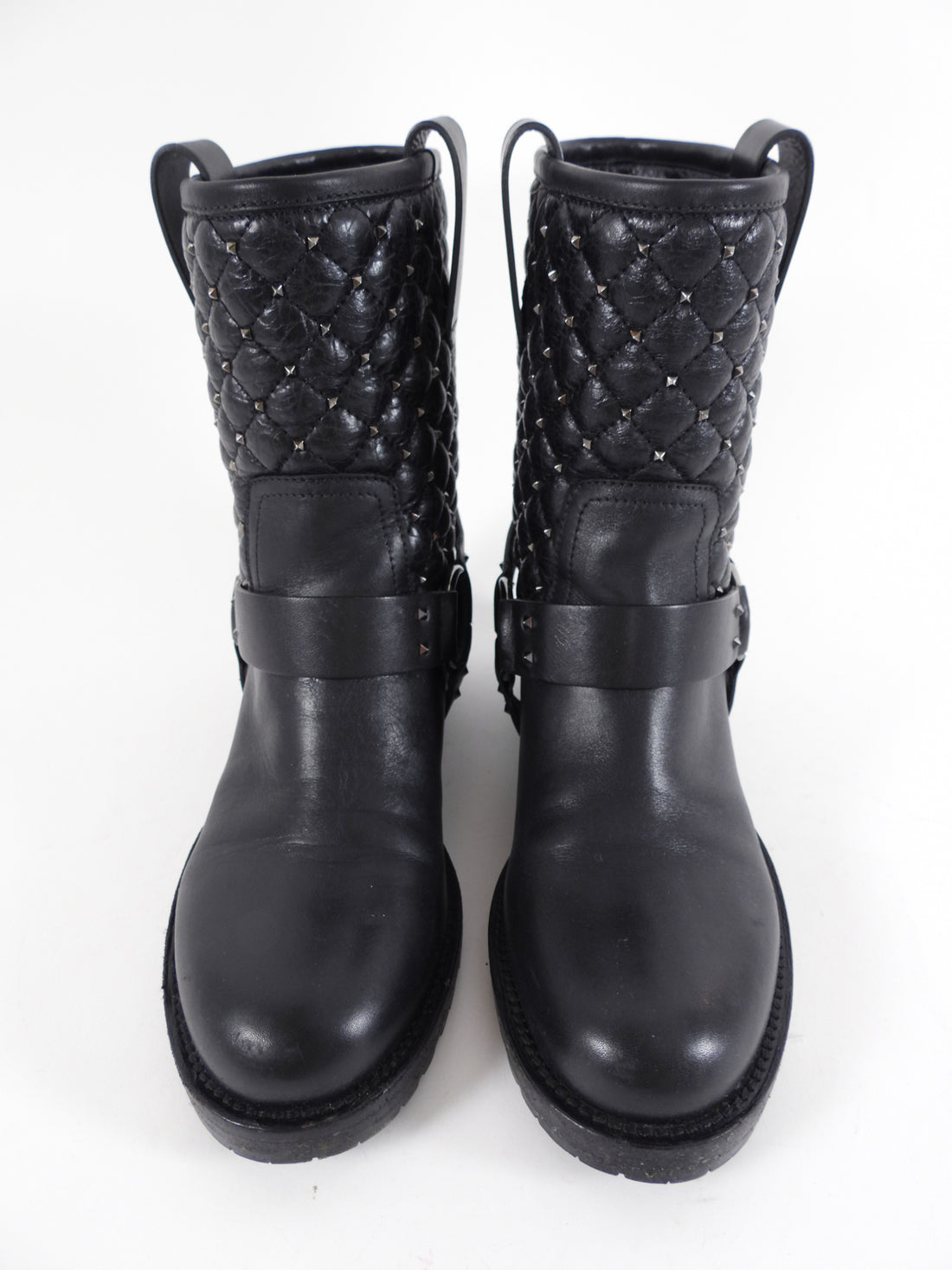 Valentino Black Leather Quilted Stud Moto Ring Boots - 36