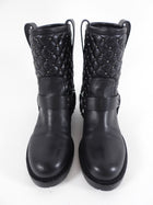 Valentino Black Leather Quilted Stud Moto Ring Boots - 36