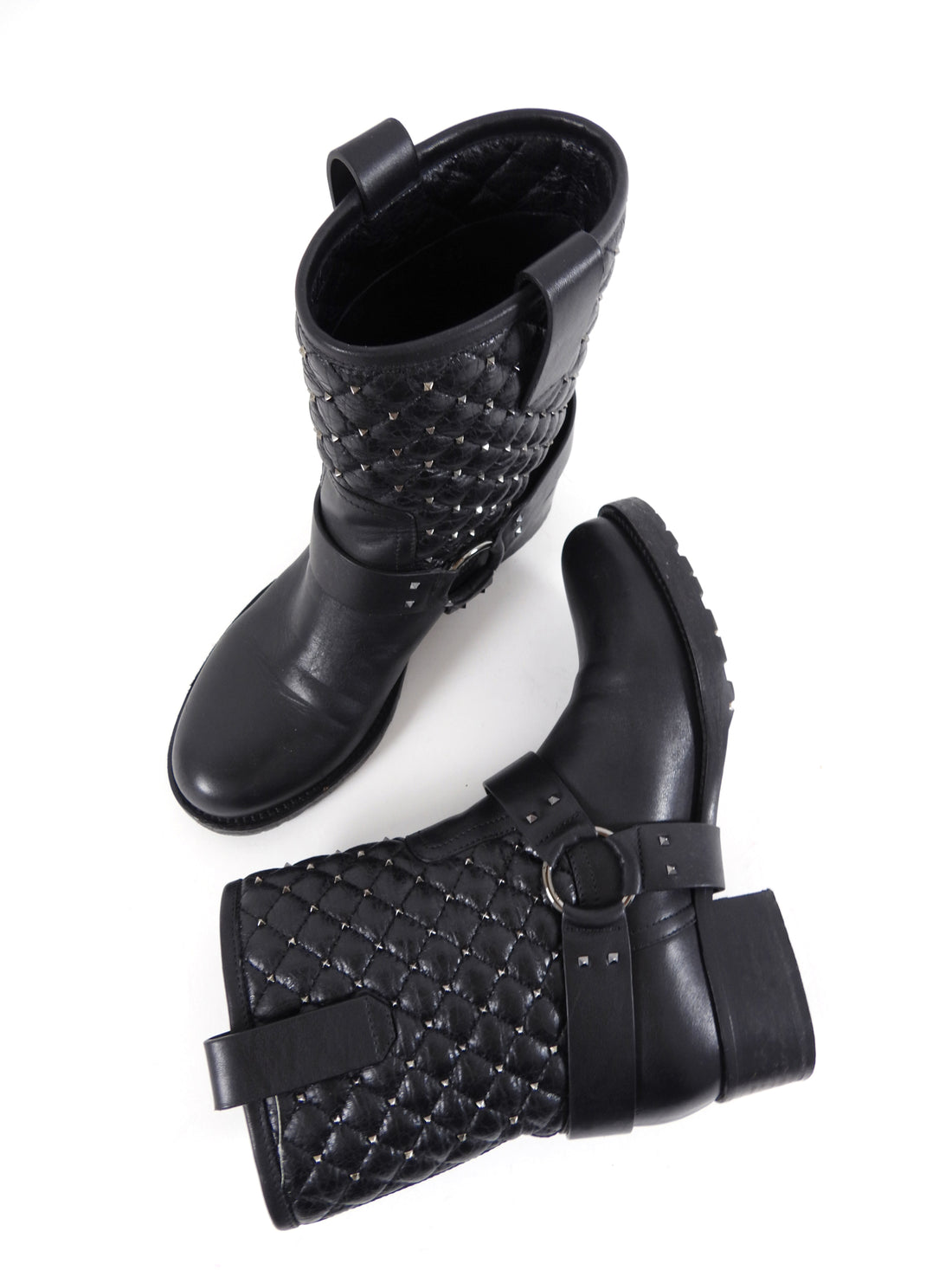 Valentino Black Leather Quilted Stud Moto Ring Boots - 36