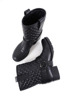Valentino Black Leather Quilted Stud Moto Ring Boots - 36