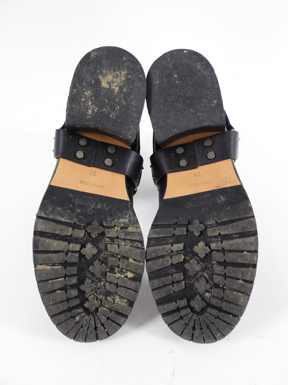 Valentino Black Leather Quilted Stud Moto Ring Boots - 36