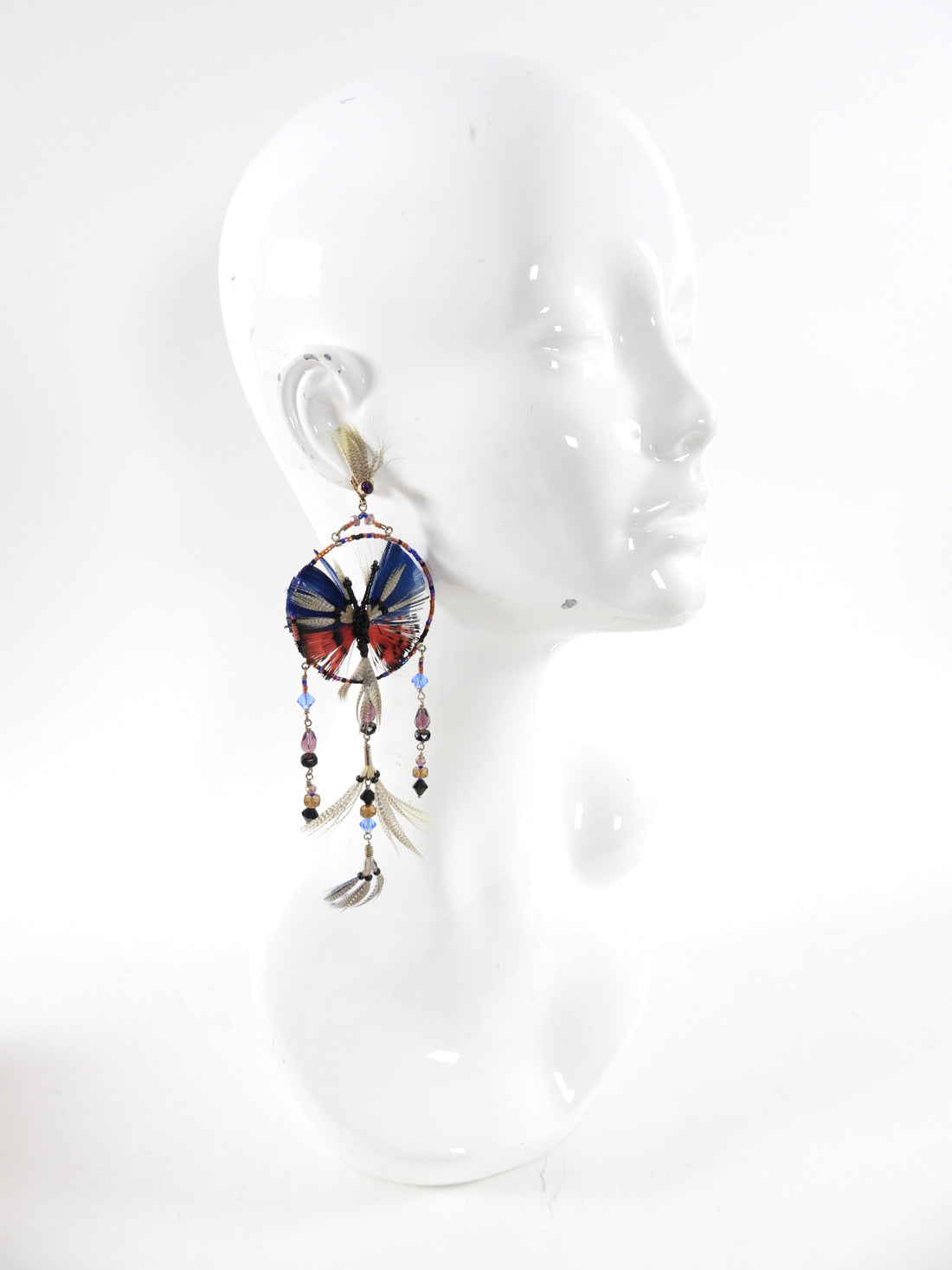 Valentino Blue Feather Boho Glass Beaded Butterfly Necklace / Earrings Set