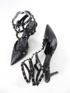 Valentino Rock Stud Noir Black Triple Cage Leather Heels - USA 7.5