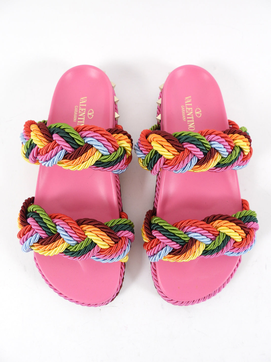 Valentino Garavani Pink Rockstud Rainbow Braided Rope Flat Sandal - 39