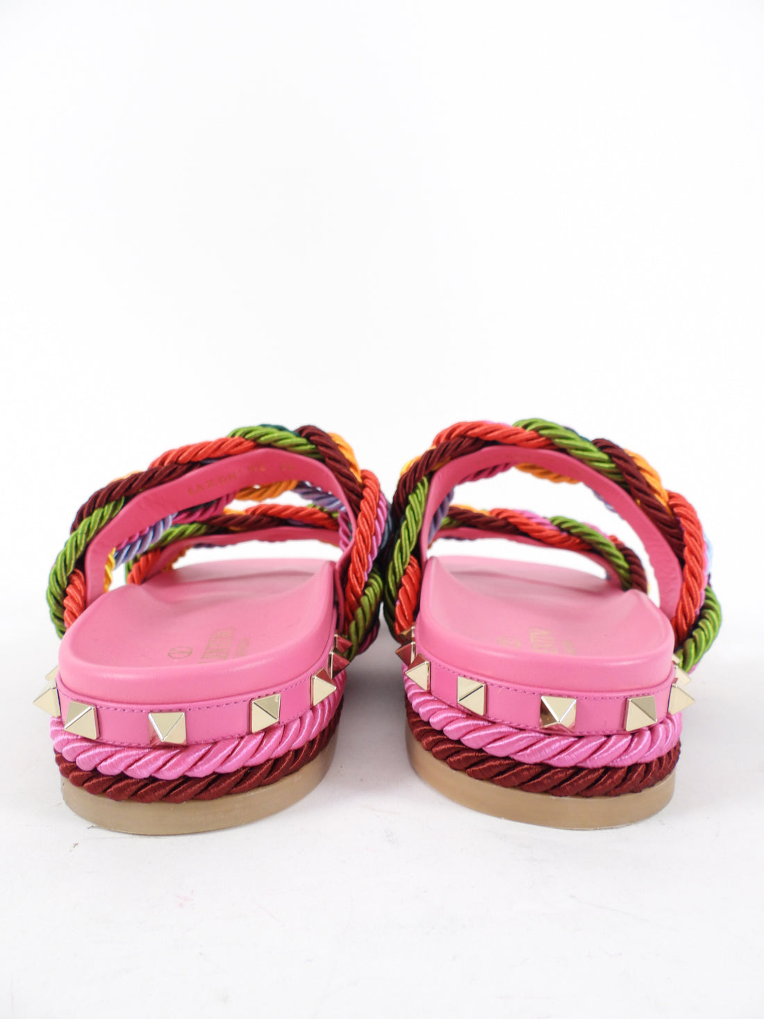 Valentino Garavani Pink Rockstud Rainbow Braided Rope Flat Sandal - 39