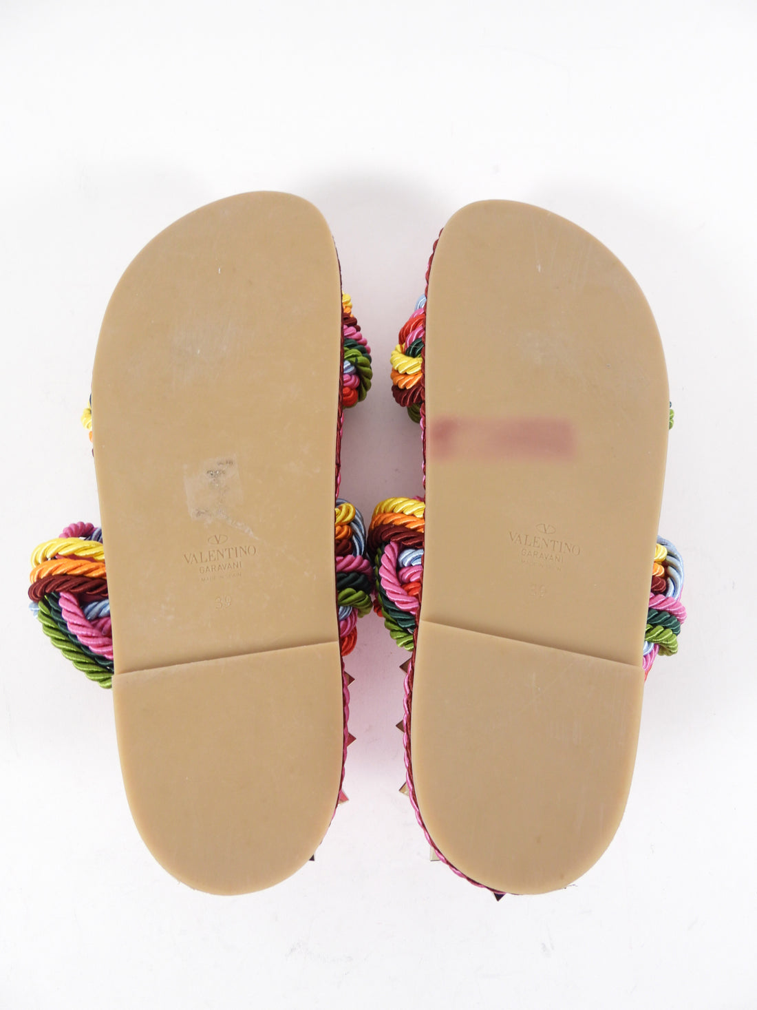 Valentino Garavani Pink Rockstud Rainbow Braided Rope Flat Sandal - 39