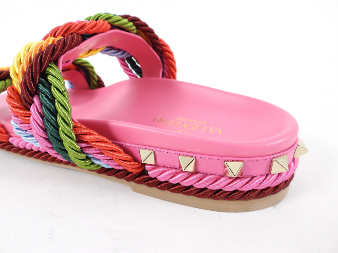 Valentino Garavani Pink Rockstud Rainbow Braided Rope Flat Sandal - 39