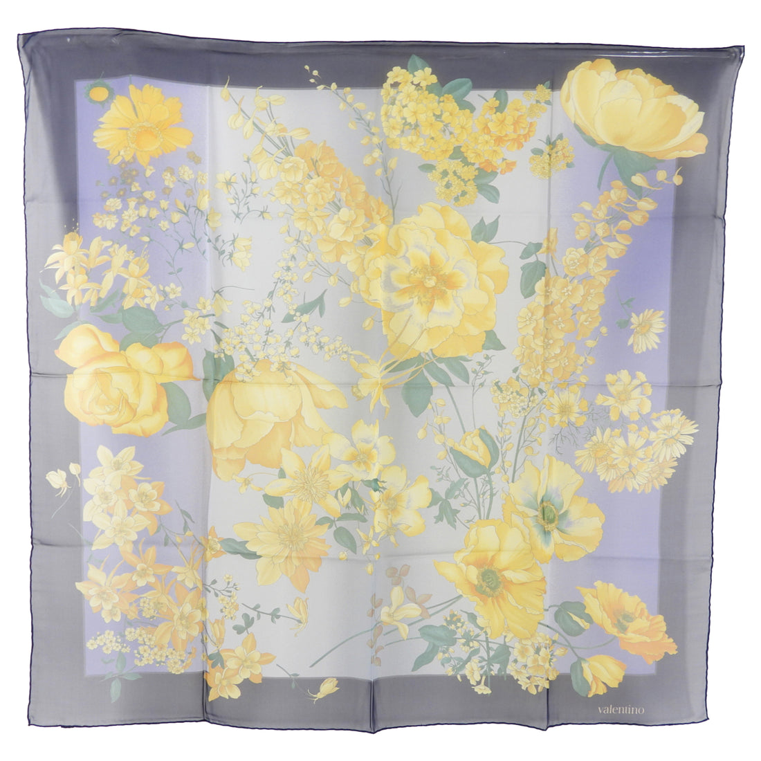 Valentino Vintage Blue and Yellow Silk Chiffon Sheer Floral Scarf