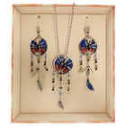 Valentino Blue Feather Boho Glass Beaded Butterfly Necklace / Earrings Set