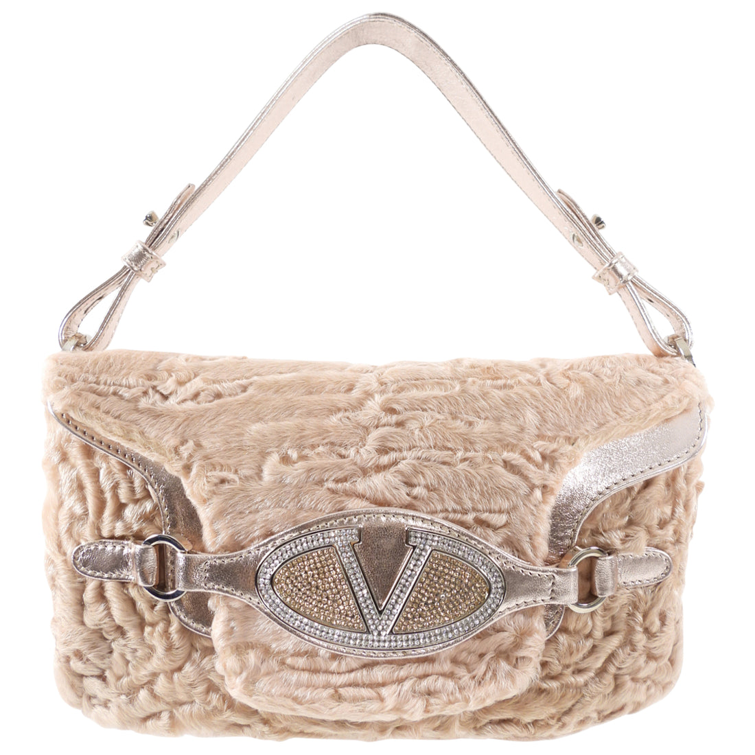 Valentino Nude Broadtail Lamb and Light Rosegold Strass Baguette Bag