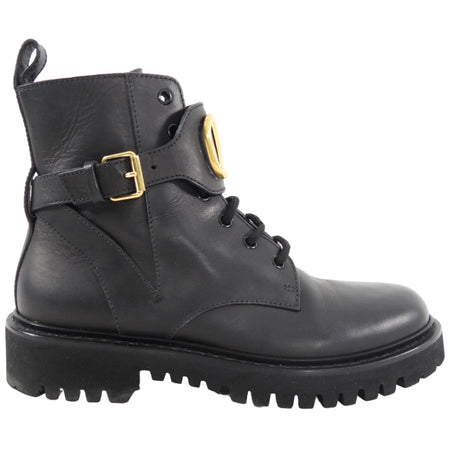 Valentino Black Leather V Logo Combat Ankle Boots - 39