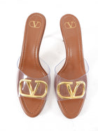 Valentino Brown Leather and Clear Vinyl V Logo Mules - 40