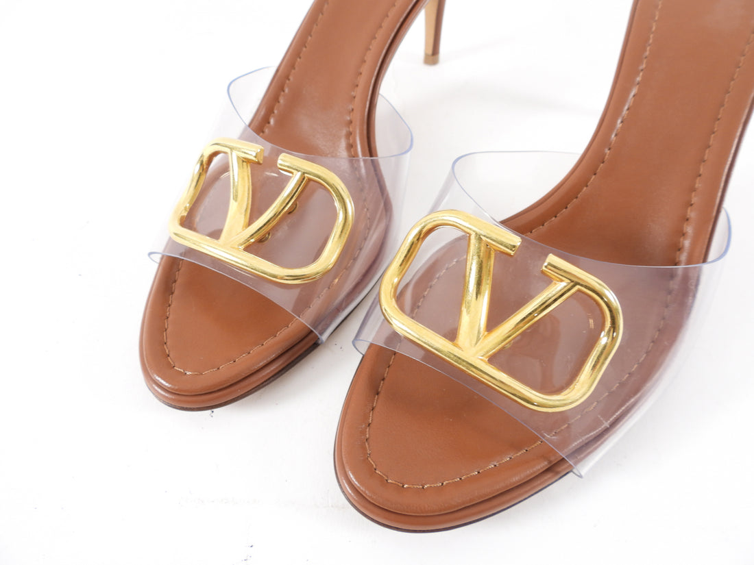 Valentino Brown Leather and Clear Vinyl V Logo Mules - 40