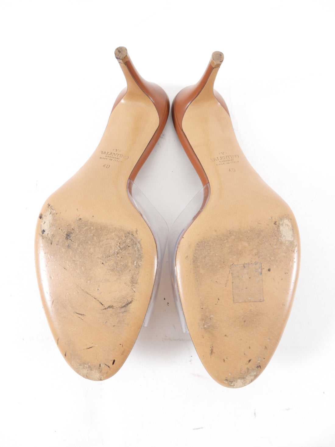 Valentino Brown Leather and Clear Vinyl V Logo Mules - 40