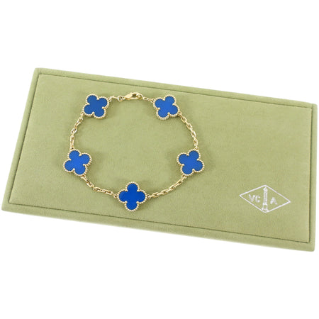 Van Cleef & Arpels 18K Yellow Gold Blue Agate Vintage Alhambra 5 Motif Bracelet