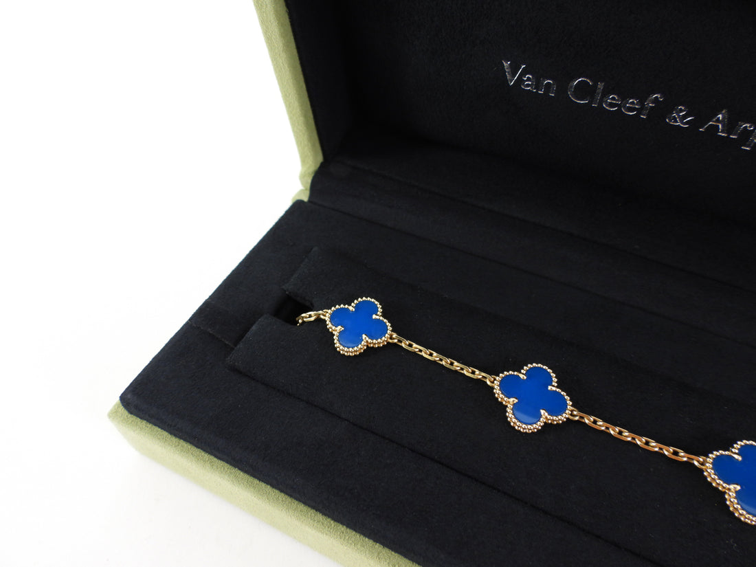 Van Cleef & Arpels 18K Yellow Gold Blue Agate Vintage Alhambra 5 Motif Bracelet