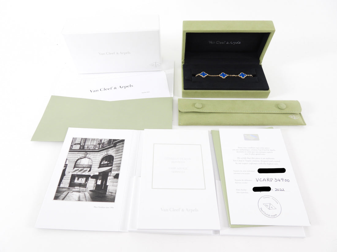 Van Cleef & Arpels 18K Yellow Gold Blue Agate Vintage Alhambra 5 Motif Bracelet