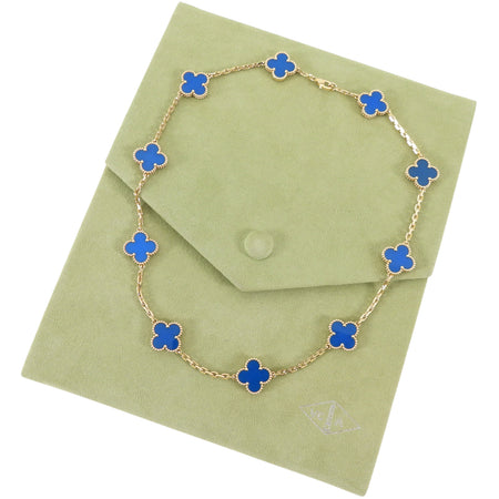 Van Cleef & Arpels 18K Yellow Gold Blue Agate Vintage Alhambra 10 Motif Necklace