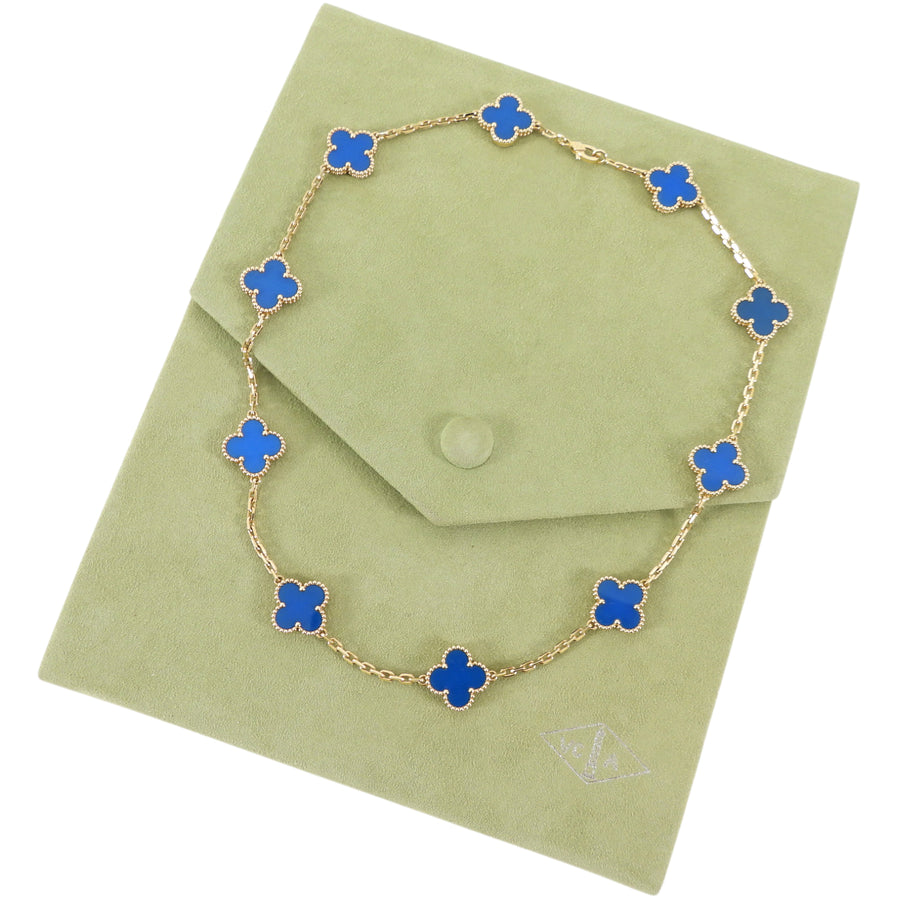Van Cleef & Arpels 18K Yellow Gold Blue Agate Vintage Alhambra 10 Motif Necklace