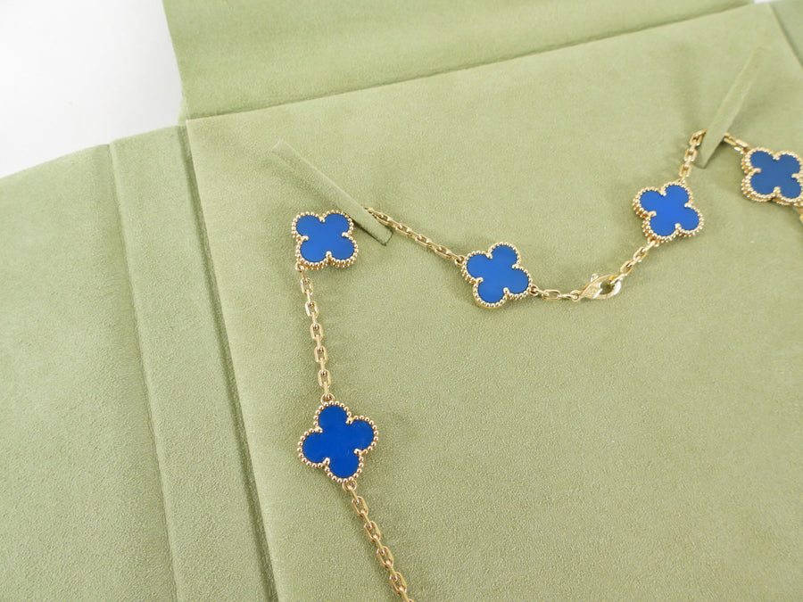 Van Cleef & Arpels 18K Yellow Gold Blue Agate Vintage Alhambra 10 Motif Necklace