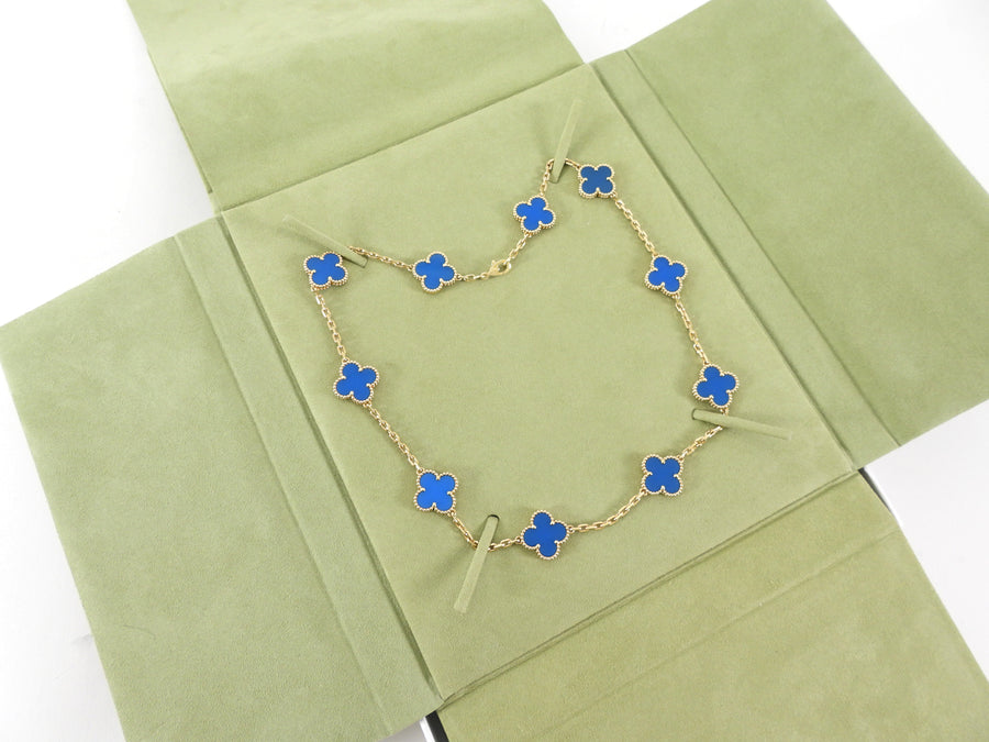 Van Cleef & Arpels 18K Yellow Gold Blue Agate Vintage Alhambra 10 Motif Necklace