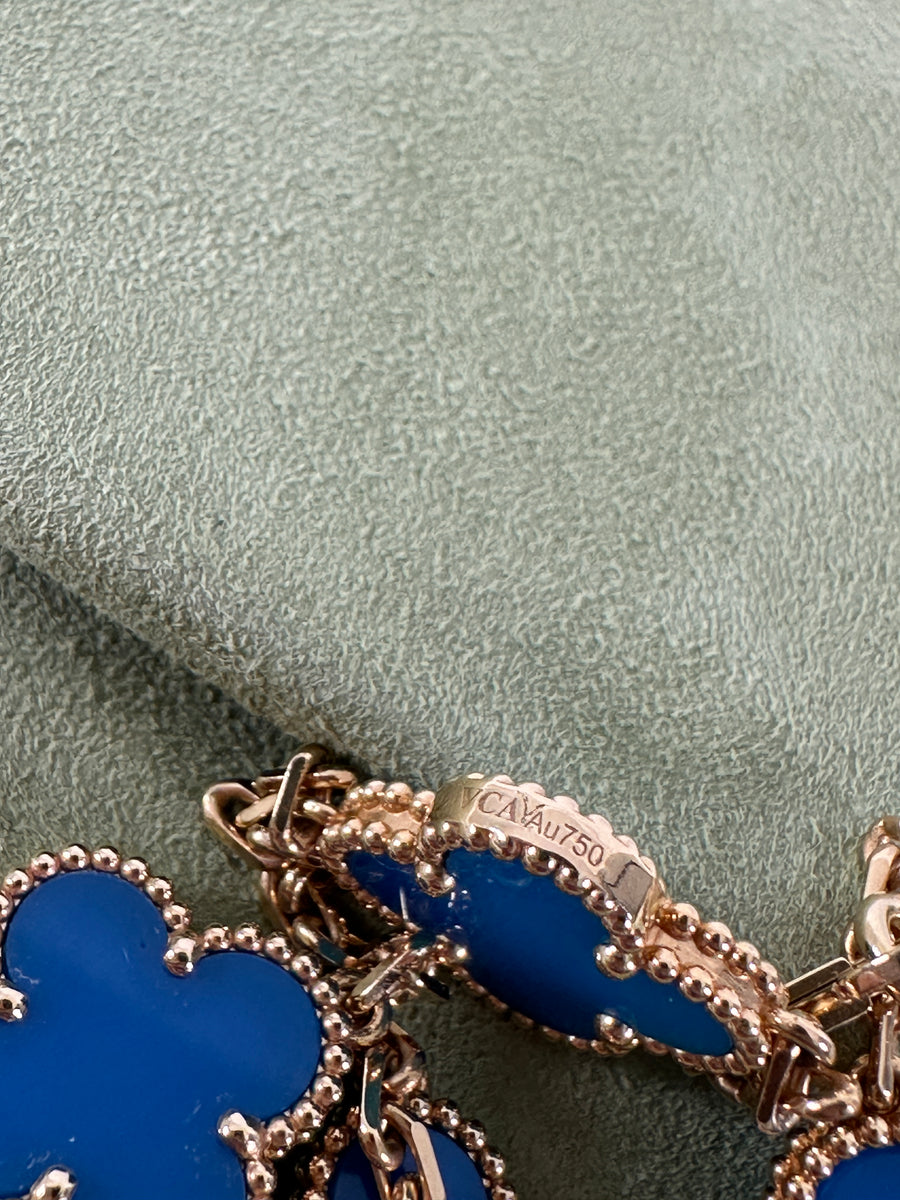Van Cleef & Arpels 18K Yellow Gold Blue Agate Vintage Alhambra 10 Motif Necklace