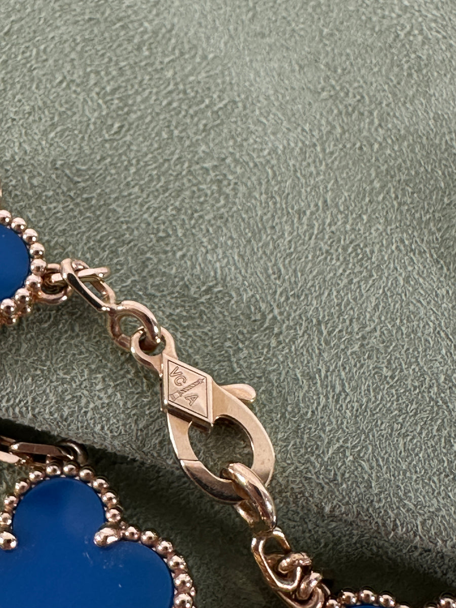 Van Cleef & Arpels 18K Yellow Gold Blue Agate Vintage Alhambra 10 Motif Necklace